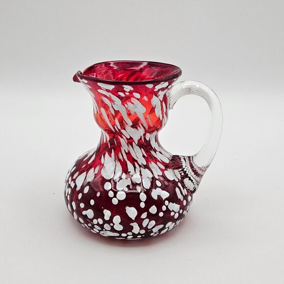 Pilgrim Glass Mini Pitcher Red Cranberry White Splatter Handle Spout Vintage - Picture 2 of 10